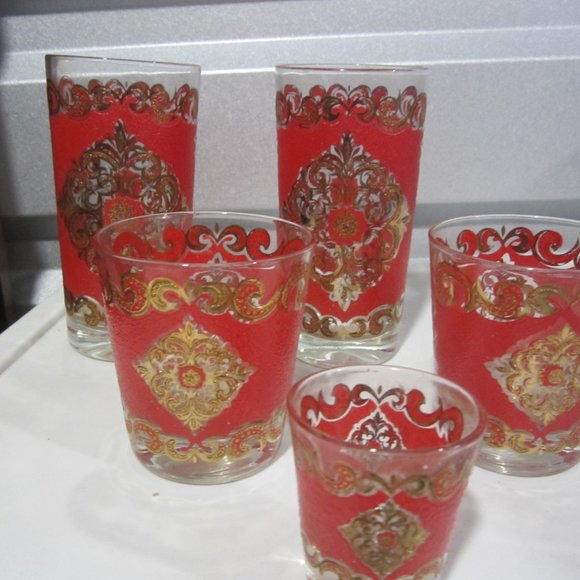 VTG SET OF 5 BAR GLASSES, ORNATE RED & GOLD DESIGN - Picture 3 of 6